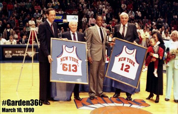 TheGarden's tweet photo. * @SAP Presents #Garden366 Moment -3/10/1990: @NYKnicks #retire #DickBarnett's No 12 & No 613 for #coach #RedHolzman http://t.co/YiRIgKBsnp