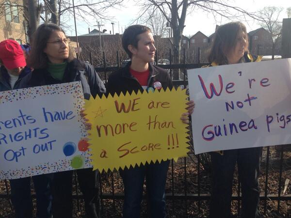 progressIL's tweet image. "Let us teach. No retaliation," say #CPS teachers against excessive standardized  testing #IceTheISAT