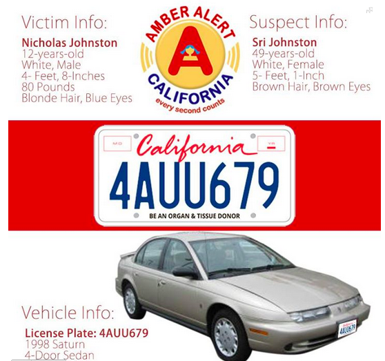 MountainViewPD's tweet photo. Per @CHP_HQ child taken in #LongBeach, CA: NICHOLAS JOHNSTON 12yo WHT/M abducted by SRI JOHNSTON 49yo WHT/F. Call 911 http://t.co/y9x8gxwBBb