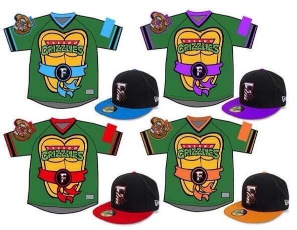 espn's tweet photo. Cowabunga!

The @FresnoGrizzlies will wear Ninja Turtles inspired jerseys for a game this season (via @MiLBPromos). http://t.co/ULXczTrZrO