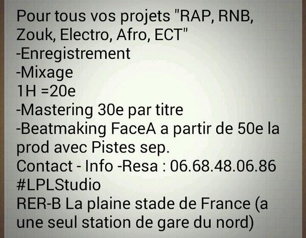 LPL_Studio's tweet photo. Pour tous vos projets "RAP, RNB, Zouk, Electro, Afro, Ect" #Enregistrement #Mix #Mastering #Beatmaking #LPLStudio http://t.co/i68GNccMGt