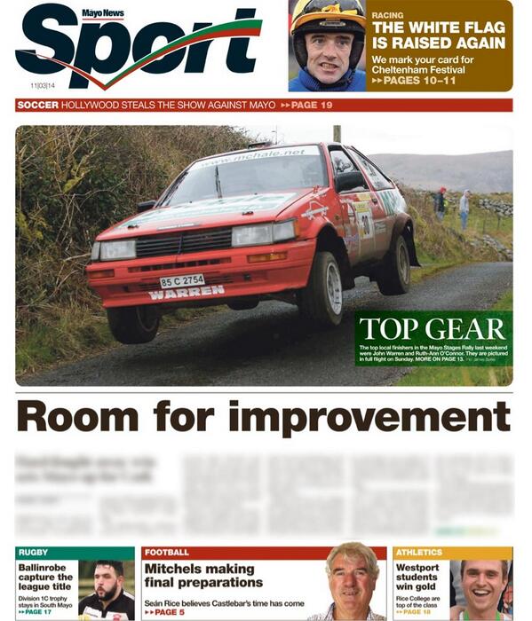 Here's page 1of tomorrow's <a href="/mayonewssport/">Mayo News - Sport</a> featuring action from <a href="/MayoMotorClub/">Mayo Motorsport Club</a> Stages Rally. #motorsports
