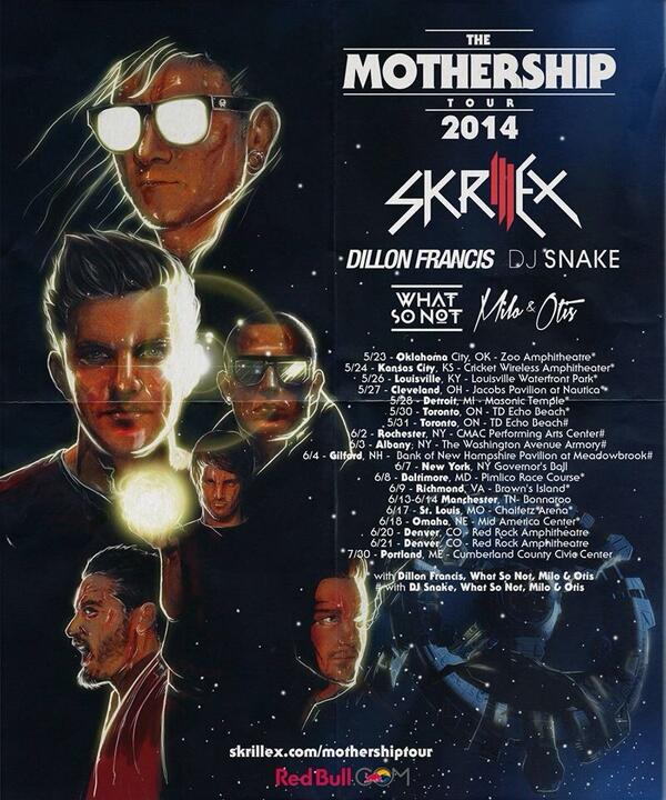 CollegeEDM's tweet photo. The Mothership 2014 Tour:

@Skrillex
@DillonFrancis
@DJSnake
@WhatSoNot 
@MiloAndOtis 

| http://t.co/wGvUGSr5at