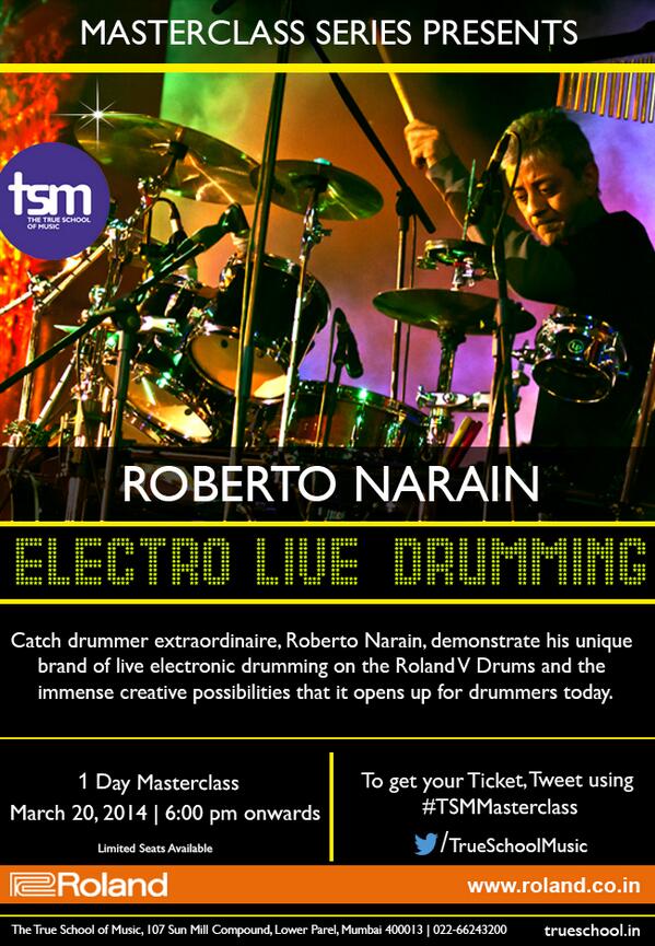 TrueSchoolMusic's tweet image. Electro Live Drumming with @robertonarain Tweet to us using #TSMMasterclass to get ur ticket @MumbaiMag @thewildcity