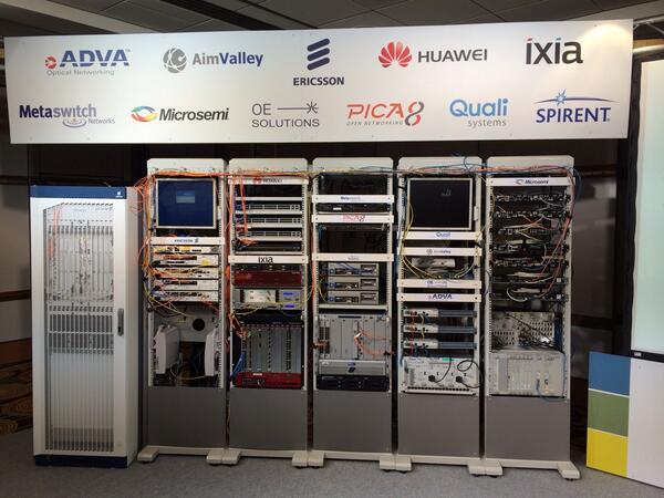 dredgie's tweet image. What a difference a day makes. #eantc #mplssdn2014 interop demo with @metaswitch @pica8 @Huawei @ericsson etc is up!