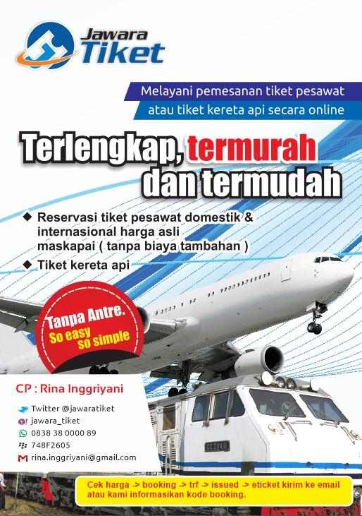 Cari tiket pesawat/kereta ? Hub kami utk tau infonya :) BB: 748F2605 SMS/WA: 083838000089 LINE: jawaratiket