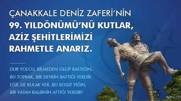 Çanakkale Zaferi'nin 99. Yıldönümü'nde Mustafa Kemal Atatürk'le beraber tüm şehit ve gazilerimizi minnetle anıyoruz.