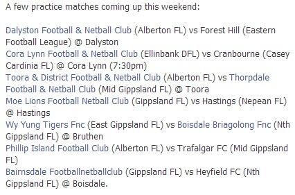 GippslandFooty's tweet photo. Here are some practice matches coming up this weekend. If you know of any not listed, feel free to reply with details http://t.co/x97WLyvDLY