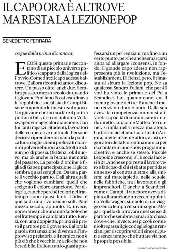 Gran pezzo di <a href="/bennyferrara/">benedetto ferrara</a> su La Repubblica. Ci ha preso in pieno! #fallanisindaco #scandicci #primariepd