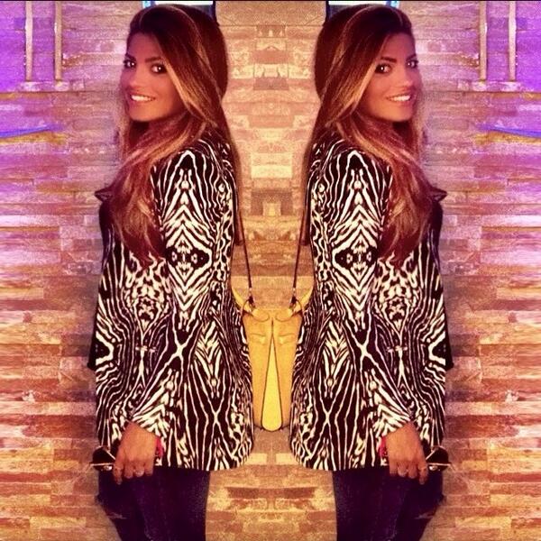 hmqatar's tweet photo. The one & only Lady @Fozaza celebrating her birthday in the #HMSS14 zebra blazer! We love it! http://t.co/D9DVWdxW9u