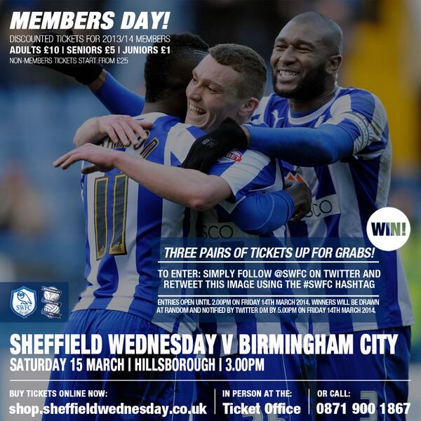 swfc's tweet photo. WIN! There are three pairs of tickets for the Owls v Birmingham game this Saturday up for grabs! RT to enter #swfc http://t.co/SR7aokY08k