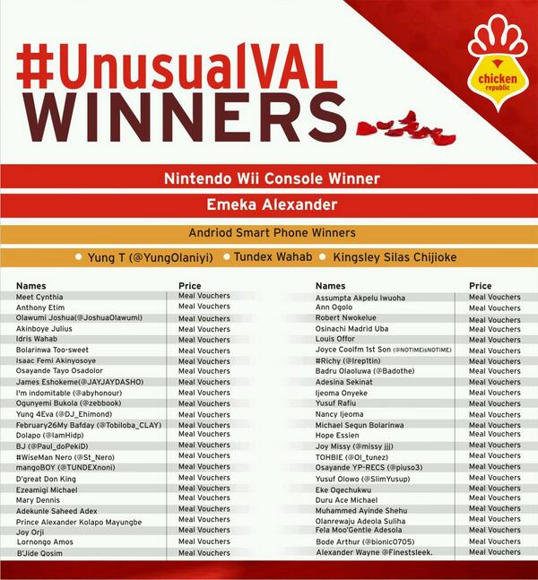 rosanwo's tweet photo. #UnusualVAL winners via @ChickenRepublic http://t.co/VXGAcnWbvf