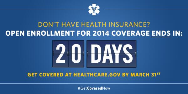 #20DaysLeft to sign up for affordable health insurance.
Don't wait! → hc.gov/uZBSgi
#GetCoveredNow,