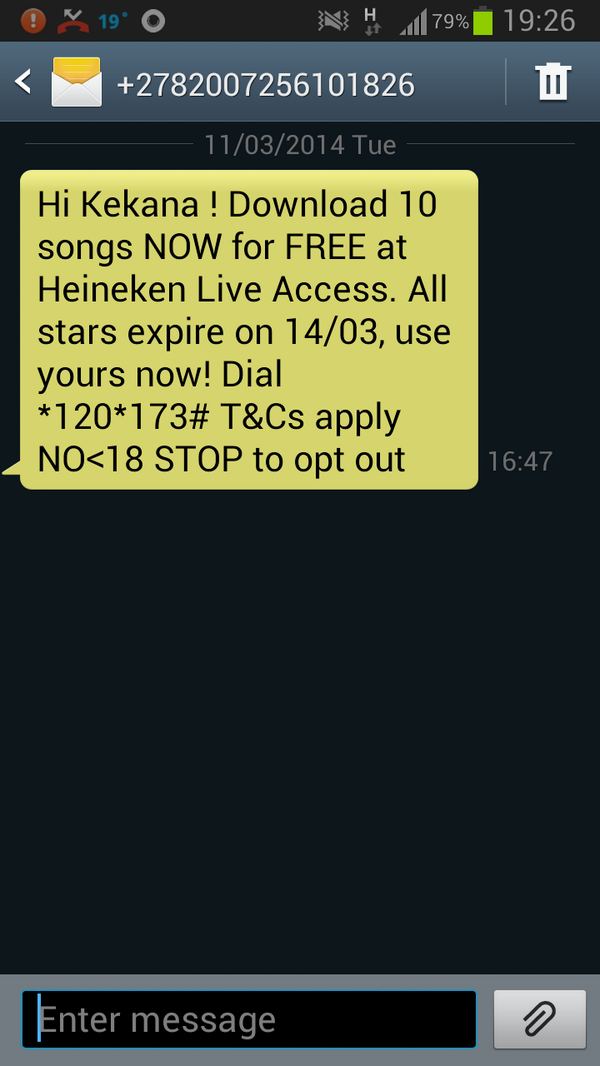 BenNC2608's tweet photo. Sms I get because @KGKekana22 gave my number to the Heineken people first! :/ #doos http://t.co/WUXiqaFAqR