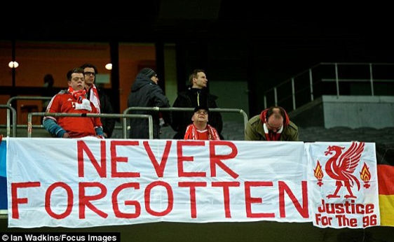 Bayern Munich fans showing support to the 96 in the Alianz tonight. #JFT96 #FCBayern #afc #LFC