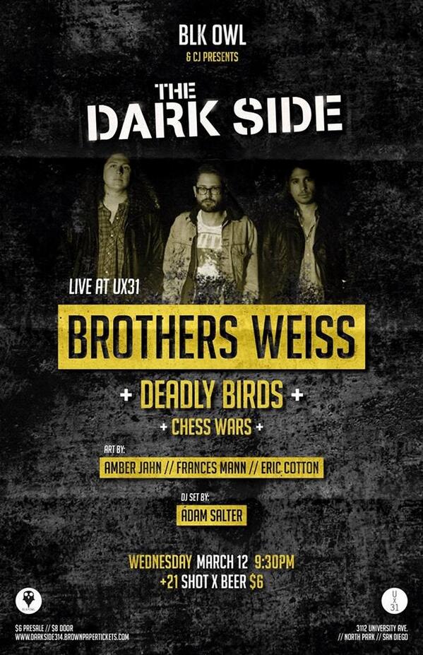 ChessWars's tweet image. Stoked for tomorrow night’s show at @u31sandiego with @DeadlyBirdsBand and @brothers_weiss! A guaranteed ruckus.