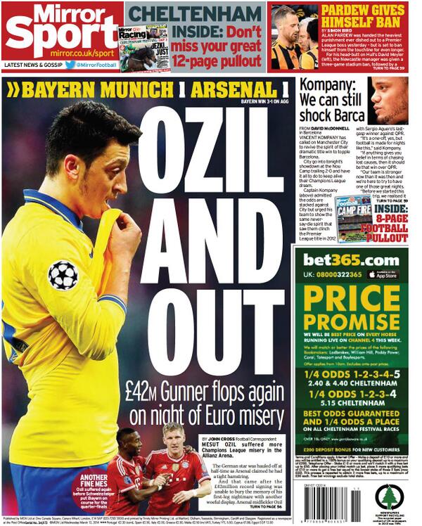 BievM12CMAAiHLe Mirror & Mail rip into £42m flop Mesut Ozil after Arsenal go out to Bayern, even though he only played 1 half