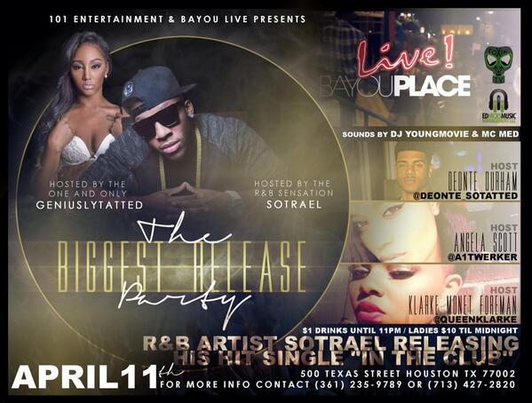 imitatedomo's tweet photo. Mark Your Calendars !! April 11th #BAYOUPLACE #101ENT x SOTRAEL http://t.co/4ZwBwjSvu6