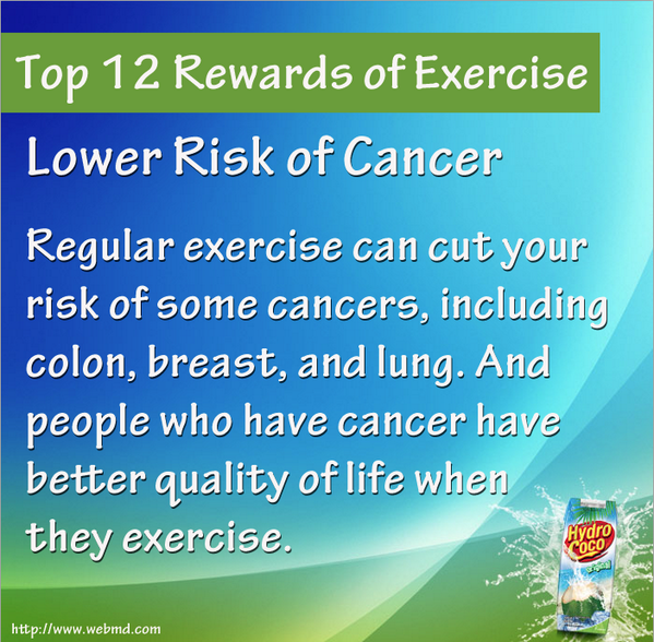 hydrococoph's tweet photo. Top 12 Rewards of Exercise: Lower Risk of Cancer http://t.co/Cn7u8b6aix
