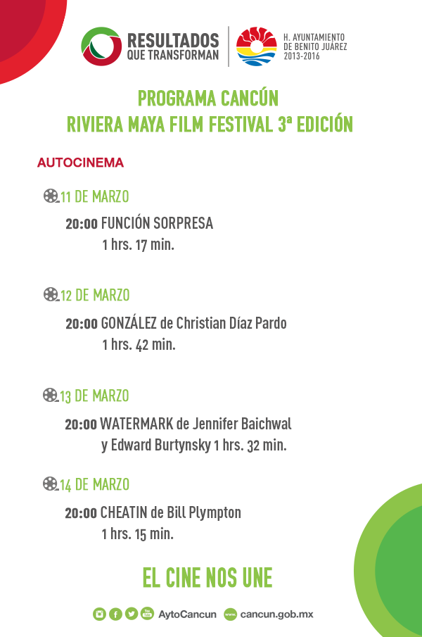 AytoCancun's tweet photo. Les compartimos la cartelera de Riviera Maya Film Festival con sede en Malecón Tajamar.  #RMFF2014 @rmffmx http://t.co/g7flgmyeyI