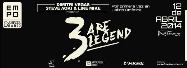 TheElectroSide's tweet photo. ¡3 Are Legend en México! @SteveAoki, @DimitriVegas &amp; @LikeMike se unen al festejo por el 6to Aniversario de @EMPOTV. http://t.co/KTmPPxc5vR