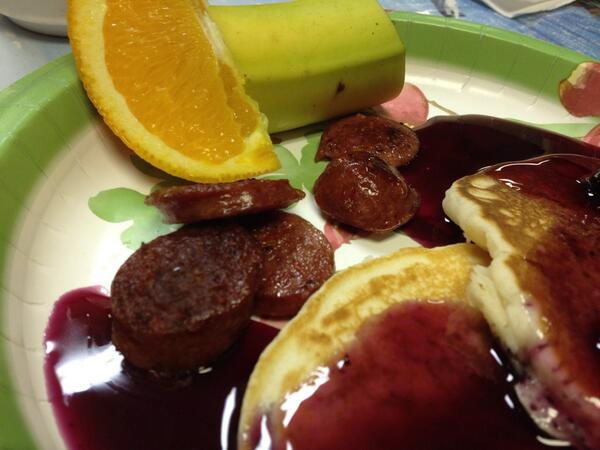 JodyLReynolds's tweet photo. Eating Reindeer sausage this morning!  #alaska #awesome http://t.co/sVGBjY49vr