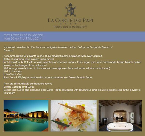 1th of May
We inviate you to spend a long week end <a href="/lacortedeipapi/">La Corte Dei Papi</a> 
<a href="/cortonatuscany/">Cortona</a> , #Tuscany,  #laborday,