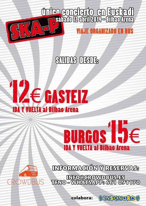 CrowdBus_'s tweet photo. Pronto os podréis llevar de regalo una entrada para el concierto de @skapoficial RT http://t.co/Wl0phoA8kc