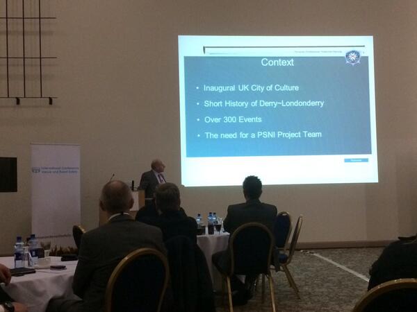 ICVES's tweet image. Chief Supt Cargin from @PoliceServiceNI is now giving a fascinating talk on policing UK City of Culture #ICVES14