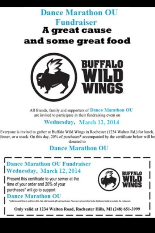 DanceMarathonOU's tweet photo. All day today bring in this flier at bdubs and help us raise money for children's miracle network! #dmou #ftk http://t.co/QPDPSagQ5r