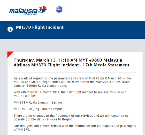 yoware's tweet photo. สายการบินมาเลเซีย @MAS แถลงเลิกรหัสเที่ยวบิน #MH370 #MH371 เปลี่ยนเป็น #MH318 #MH319 บิน KL-ปักกิ่ง ตั้งแต่ 14 มี.ค. http://t.co/BHPytRQCDn