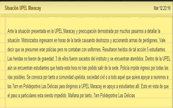 reverendaperra's tweet photo. Un comunicado de los estudiantes de la Upel #MARACAY aunque no pertenezco a esa casa de estudio total apoyo. http://t.co/AiRdDpUyOg