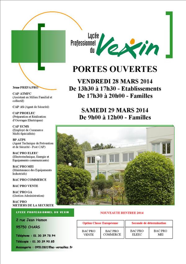 LPDUVEXIN's tweet photo. Vendredi 28 mars et Samedi 29 mars 2014 : PORTES OUVERTES Venez découvrir nos formations CAP, BAC PRO et BREVET PRO http://t.co/BpvtmcgUUo