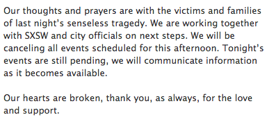 mohawkaustin's tweet photo. All events scheduled for this afternoon are canceled. We are working together w/ SXSW &amp; city officials on next steps. http://t.co/dUz3OaeXNT