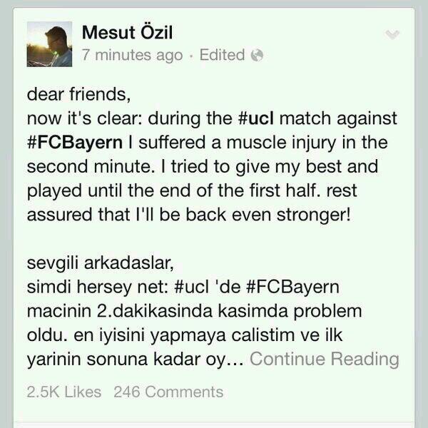 BinGBYoIUAA5SEI Arsenal record signing Mesut Ozil posts injury update & message to fans on Facebook [Picture]