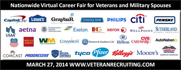 VetRecruiting's tweet photo. Virtual career fair for active duty, veterans, military spouses 3/27 Register today http://t.co/uNlEyrKgC5 #jobs4vets http://t.co/clXFcFqqMy