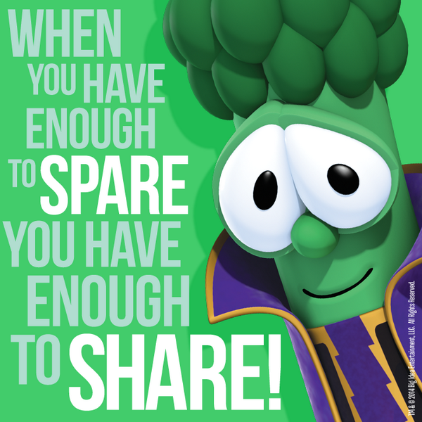 VeggieTales's tweet photo. When you have enough to spare you have enough to share! #VeggiesInSpace http://t.co/rx9wEK2lUS