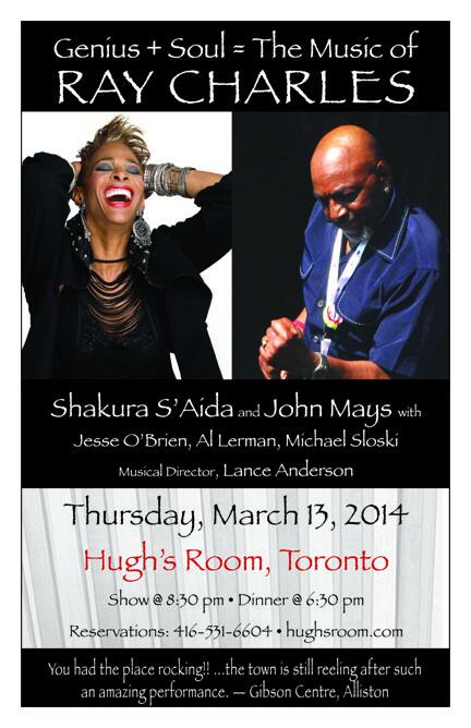 Tonite Hugh's Room, Toronto. Genius + Soul celebrates music of Ray Charles w Shakura S'Aida, John Mays &amp; more.