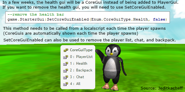 Roblox Dev Tips On Twitter Have A Script That Removes The Healthbar Gui You Will Have To Use Setcoreguienabled Instead Http T Co Bktjgkkr9d - roblox how to get local script source