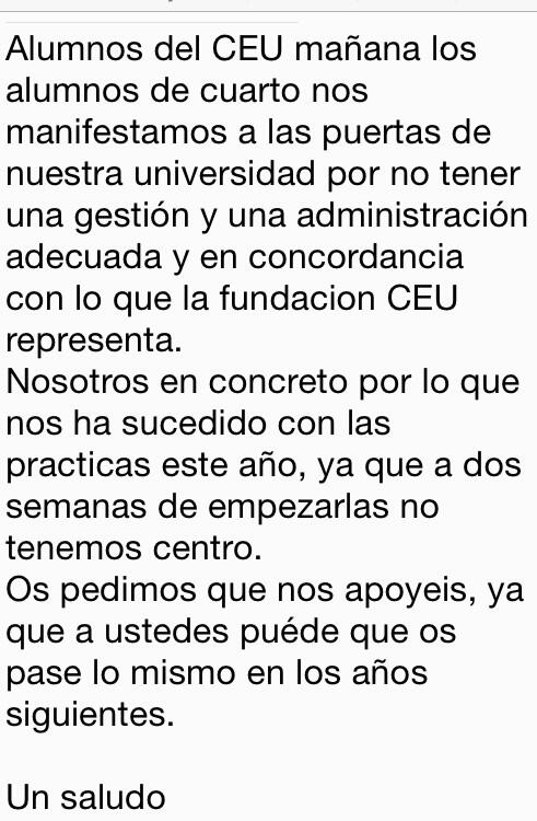 CEU_ENFURECIDO's tweet photo. AYUDA A TODOS LOS ALUMNOS DE CUARTO PARA MAÑANA. Convocatoria 8:30 puerta #CEU #porunCEUdigno RT http://t.co/09tGeoomY8