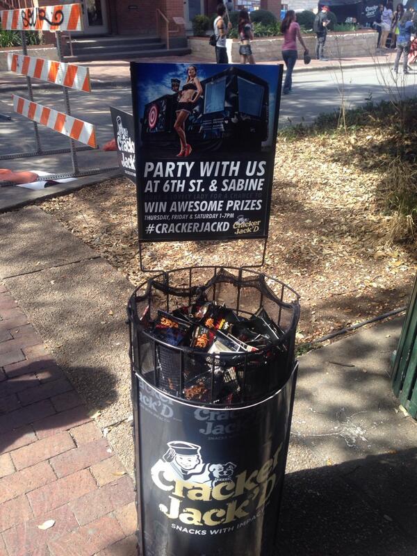 thefreenoms's tweet photo. Free #crackerjackd snacks! On 6th and Sabine. #SXFN #SXSW http://t.co/qNzvYkaIKD