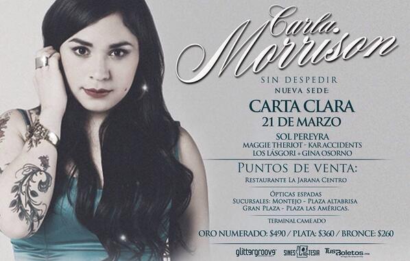 Glittergroove's tweet photo. Aviso importante! El concierto de @CarlaMorrisonmx se realizará en el Carta Clara debido a la demanda de boletos! http://t.co/MQJ2iSeroa