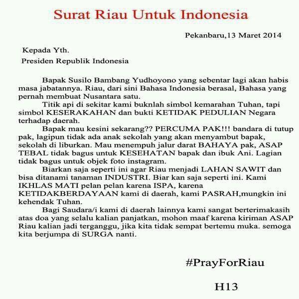 OSPKSMAN5JKT's tweet photo. Surat dari Riau untuk Indonesia. Mohon Doa dari kalian semua untuk keselamatan Riau. #PrayForRiau http://t.co/bdHGhMDPyC