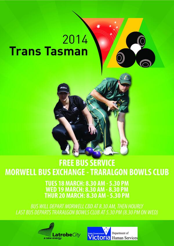 TraralgonBowls's tweet photo. FREE Bus Service for Trans Tasman. Morwell Bus Exchange - @TraralgonBowls http://t.co/TKEJMOQEKP