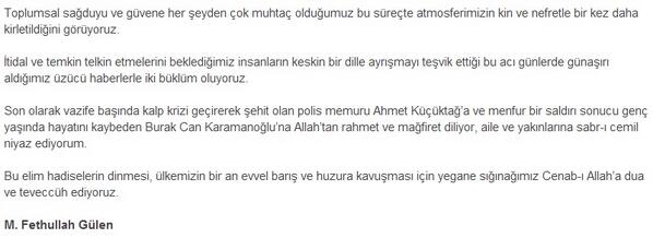 Hocaefendi'den Polis Memuru Ahmet Küçüktağ ve Burak Can Karamanoğlu için taziye