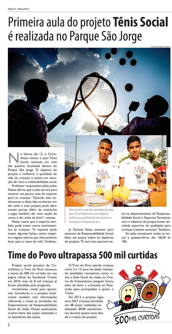 timedopovosccp's tweet photo. Bom dia! Tênis Social e Facebook do Time do Povo SCCP são destaques da 35ª edição do Jornal do Corinthians. http://t.co/DHq1aDOtCM