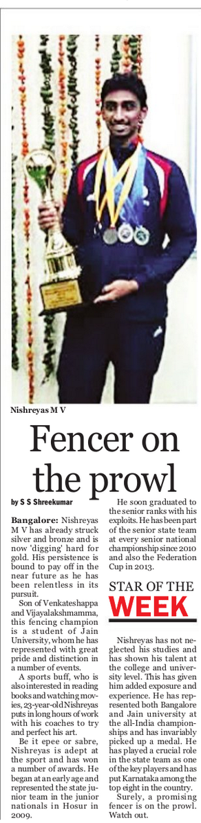 CMSJU's tweet photo. Nishreyas MV, the fencing champion of Jain University emerges ‘star of the week’ in The New Indian Express! http://t.co/5yw5tzZIU8