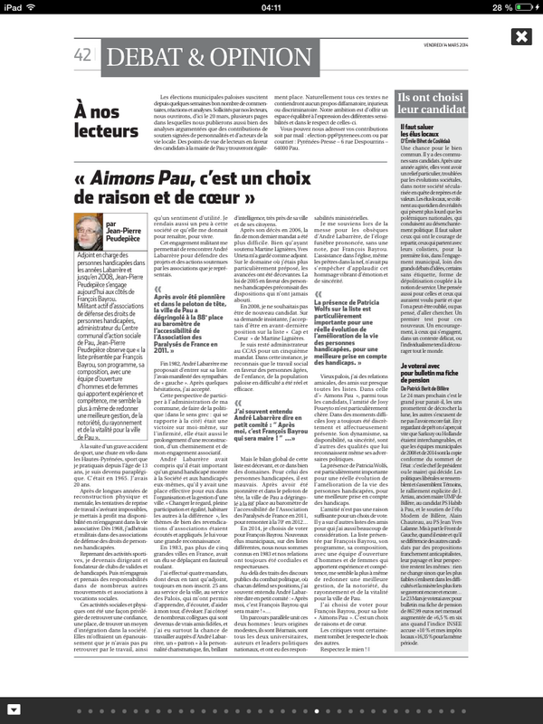 aimonspau's tweet photo. Dans @LaRepDpyrenees J.-P. Peudepièce apporte son soutien à @aimonspau et @bayrou http://t.co/q0dGvJCOvR