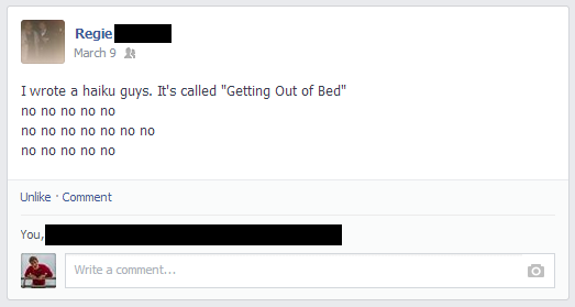 ShitRegieSays's tweet photo. Once again, it speaks for itself. #Poem #Haiku #Facebook #No #Bed #Uhh #SRS http://t.co/6csvPEIxqC