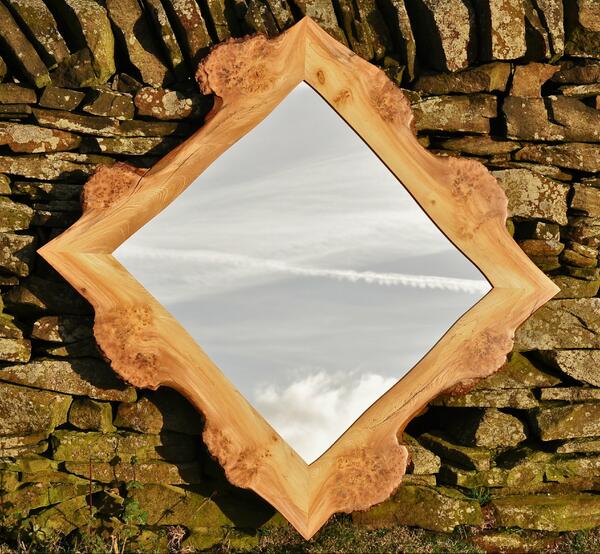 allan-lake.com Elm Diamond Mirror reflecting contrails in the Sky  #FFriday #Nature #Wood #Furniture #Crafts